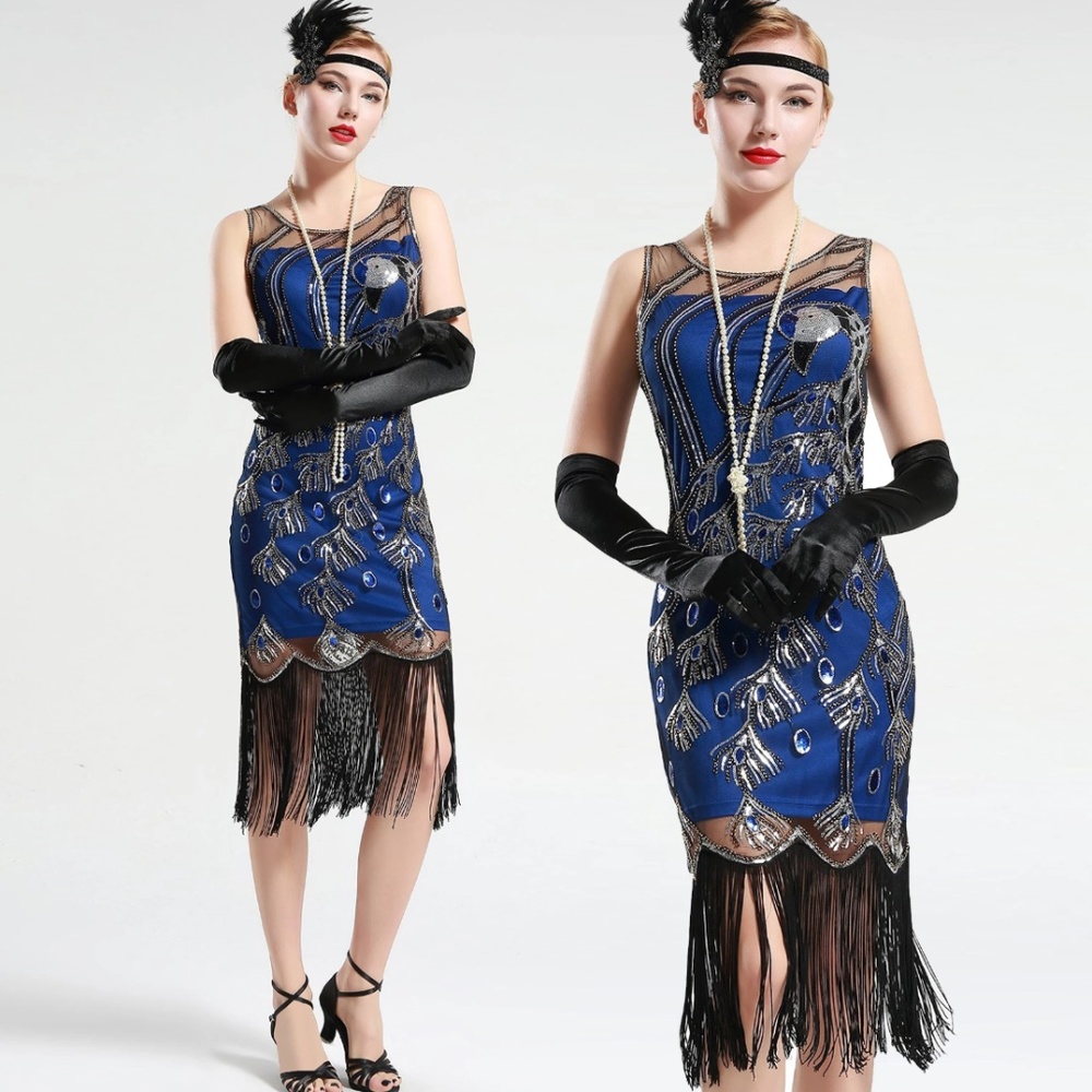 Peacock Sequin Fringed Party Flapper Dress BLUE